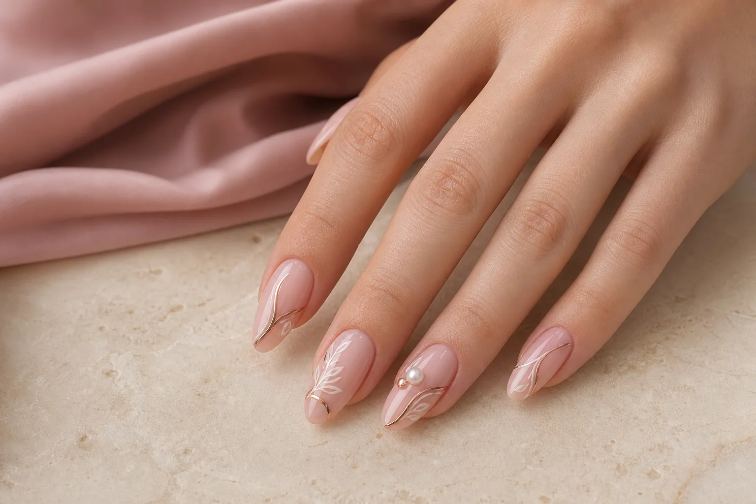 Mão com nail design rosé e detalhes dourados